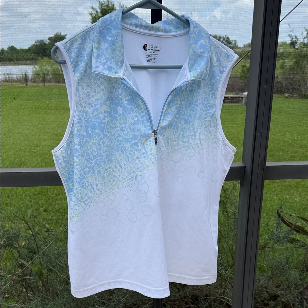 Izod White Sleeveless Zip Polo with Pale Blue & Light Green Pattern